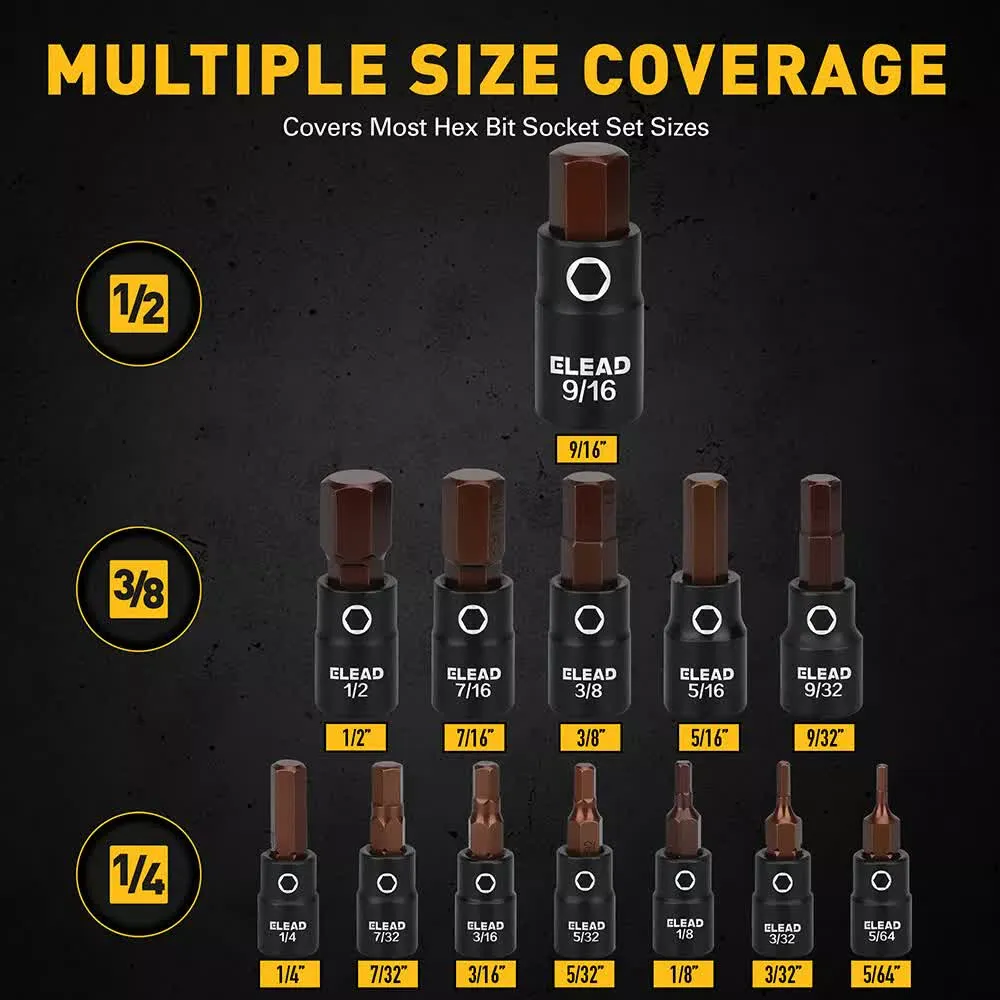 16Pc SAE Hex Bit Impact Socket Set | 5/64"-9/16" | Allen Socket Set with Adapter