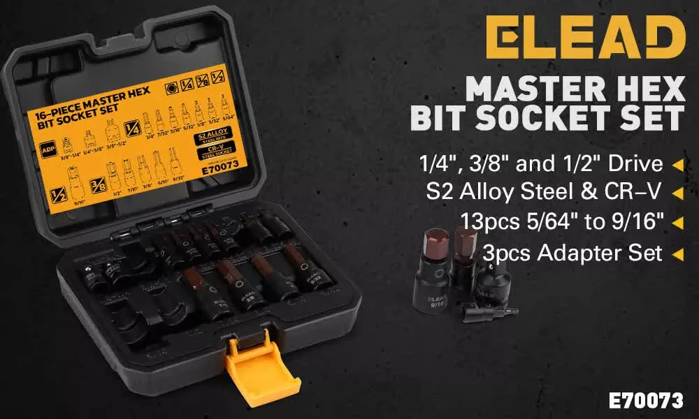 16Pc SAE Hex Bit Impact Socket Set | 5/64"-9/16" | Allen Socket Set with Adapter