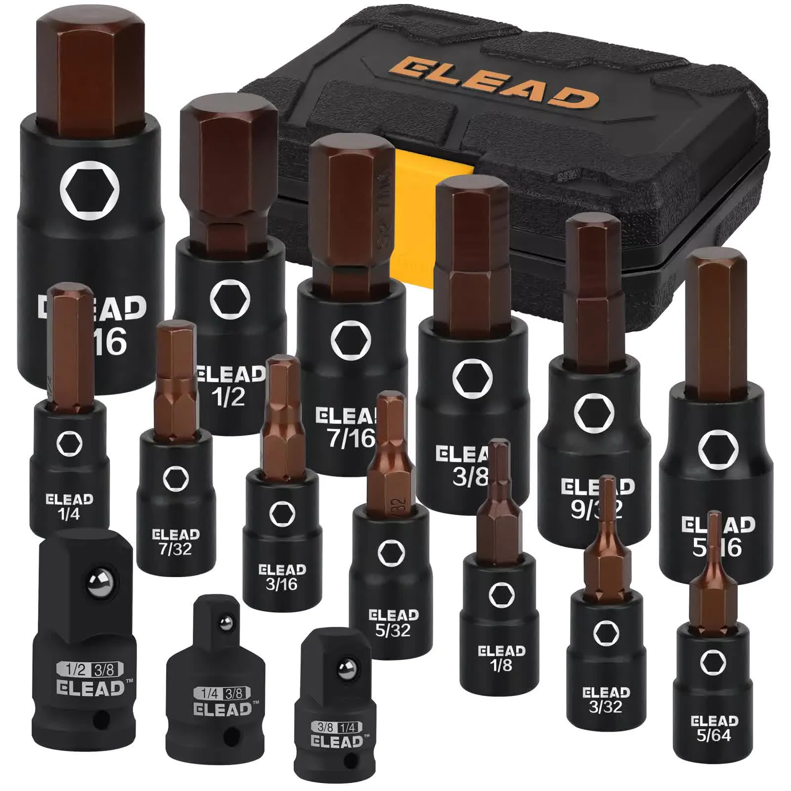 16Pc SAE Hex Bit Impact Socket Set | 5/64"-9/16" | Allen Socket Set with Adapter
