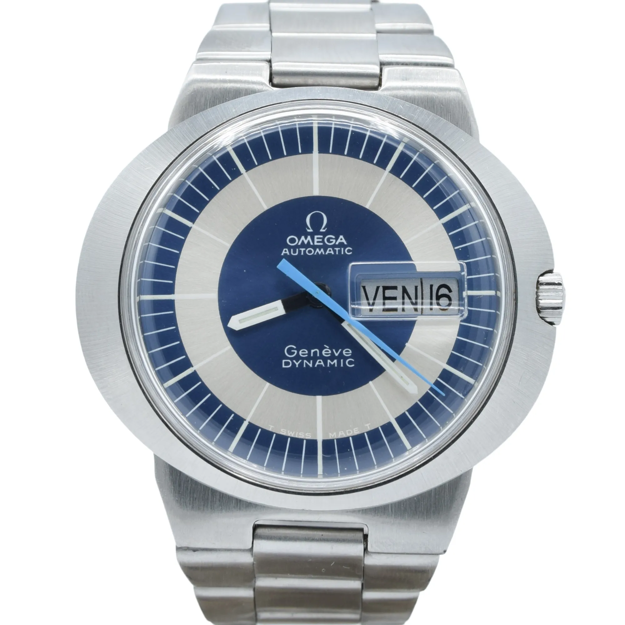 1969 Omega Geneve Dynamic Automatic French Day Date with Two Tone Silver and Blue Bullseye Dial Model 166.079 in Stainless Steel on Bracelet