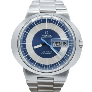 1969 Omega Geneve Dynamic Automatic French Day Date with Two Tone Silver and Blue Bullseye Dial Model 166.079 in Stainless Steel on Bracelet