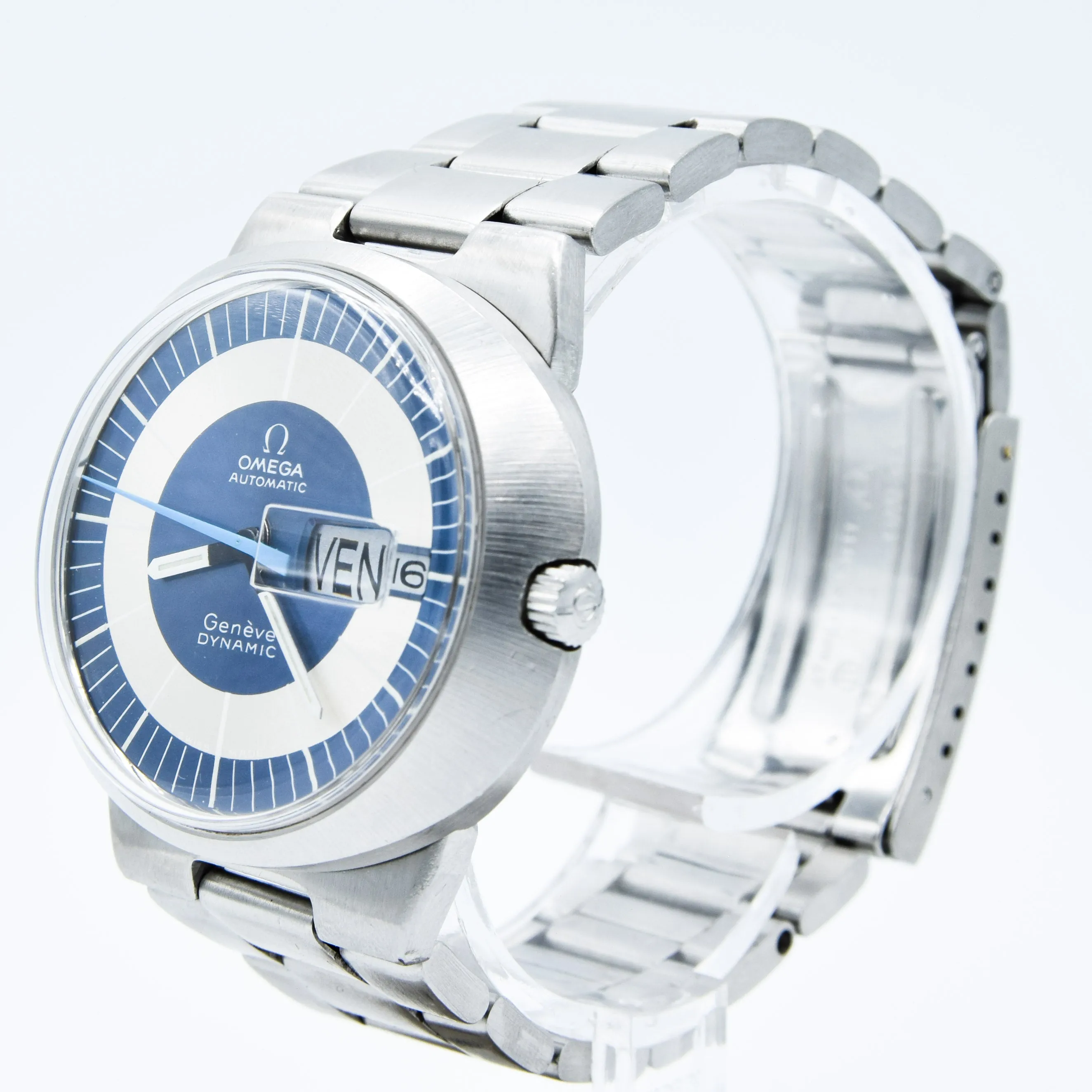 1969 Omega Geneve Dynamic Automatic French Day Date with Two Tone Silver and Blue Bullseye Dial Model 166.079 in Stainless Steel on Bracelet