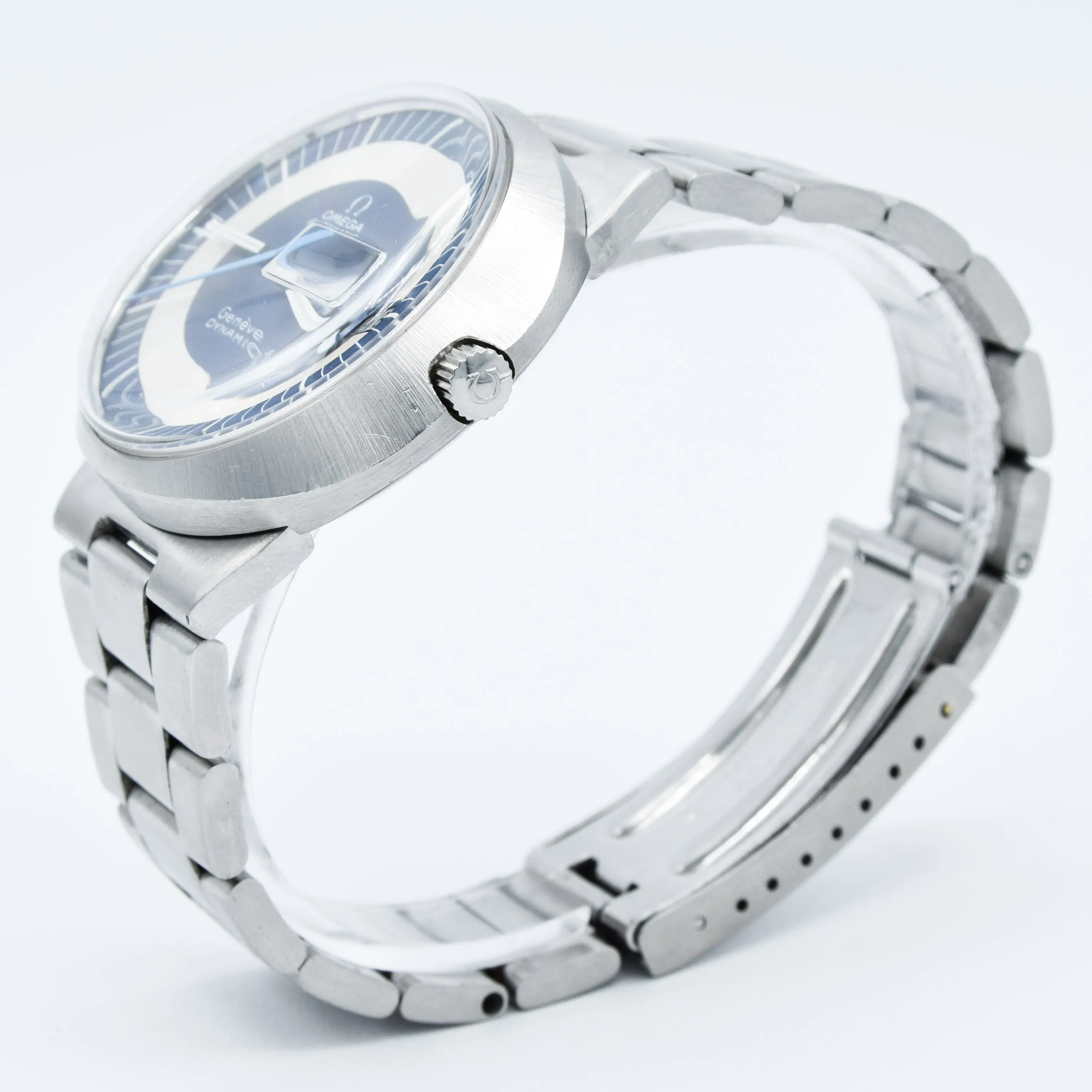 1969 Omega Geneve Dynamic Automatic French Day Date with Two Tone Silver and Blue Bullseye Dial Model 166.079 in Stainless Steel on Bracelet