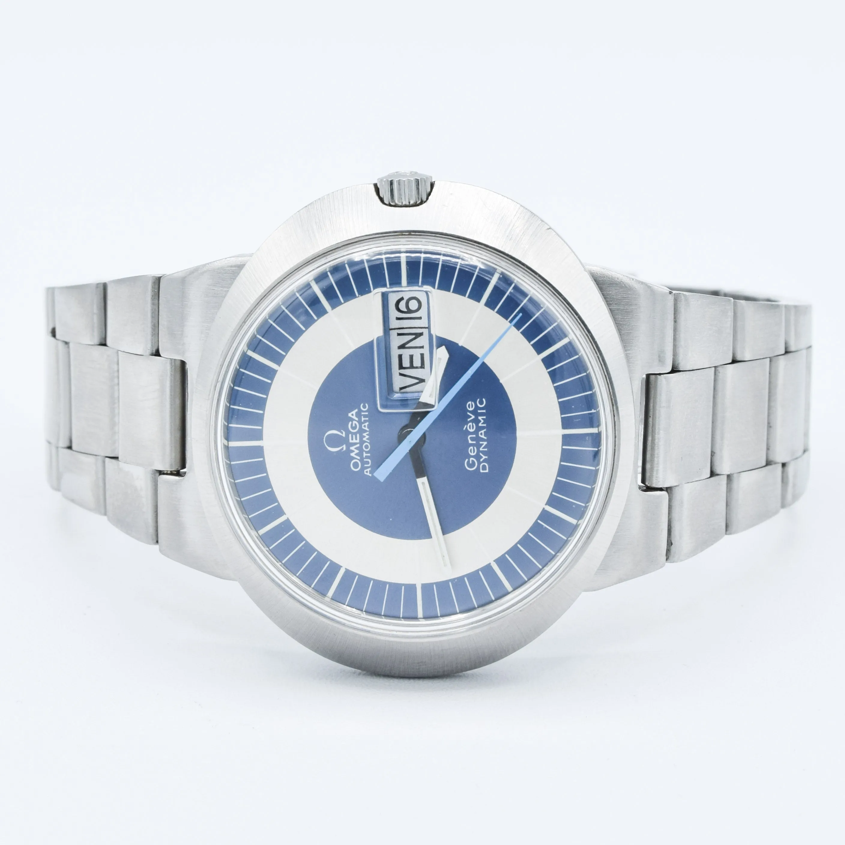 1969 Omega Geneve Dynamic Automatic French Day Date with Two Tone Silver and Blue Bullseye Dial Model 166.079 in Stainless Steel on Bracelet