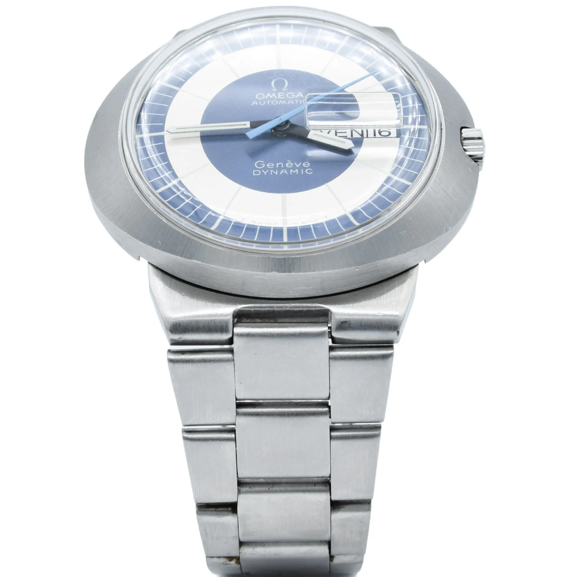 1969 Omega Geneve Dynamic Automatic French Day Date with Two Tone Silver and Blue Bullseye Dial Model 166.079 in Stainless Steel on Bracelet