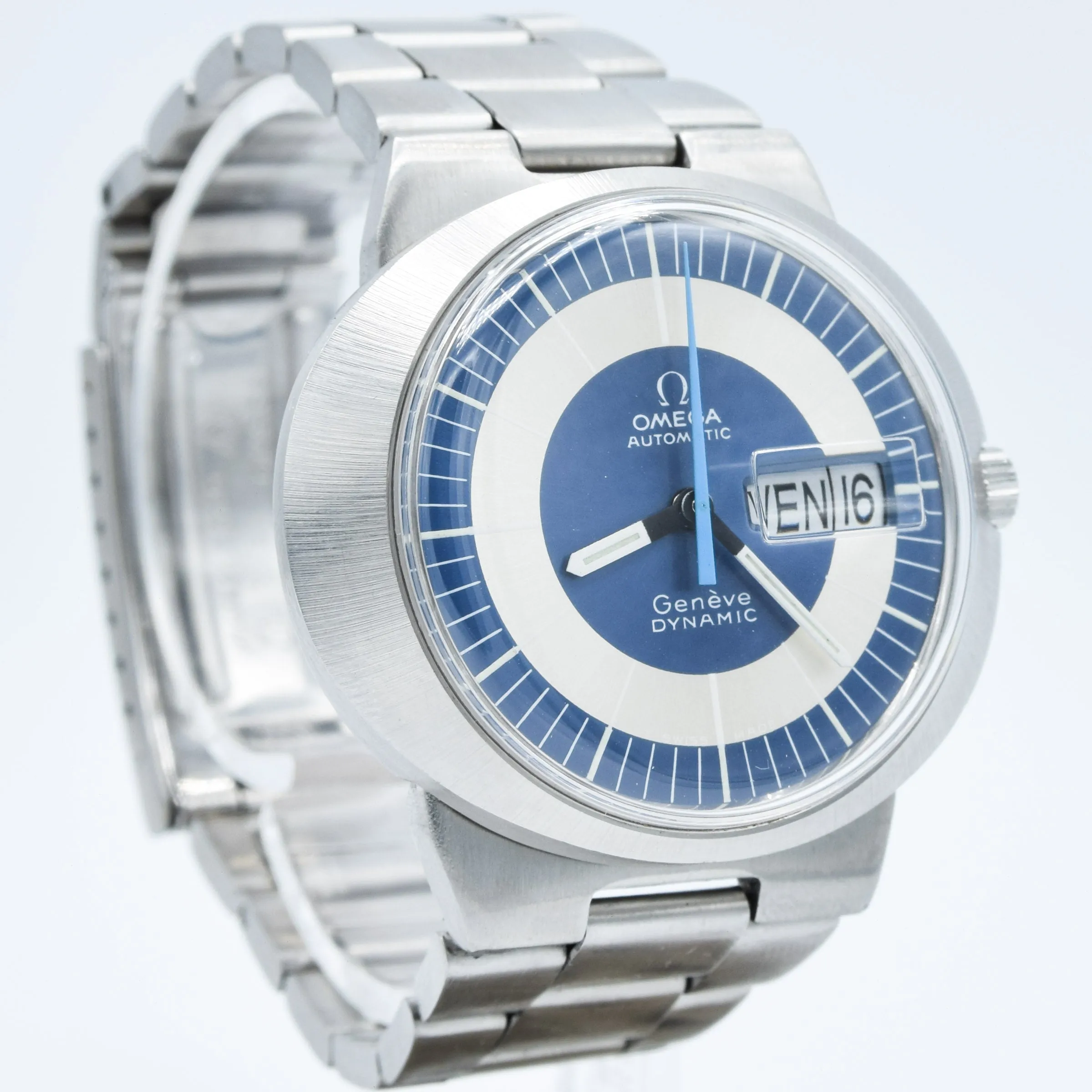 1969 Omega Geneve Dynamic Automatic French Day Date with Two Tone Silver and Blue Bullseye Dial Model 166.079 in Stainless Steel on Bracelet