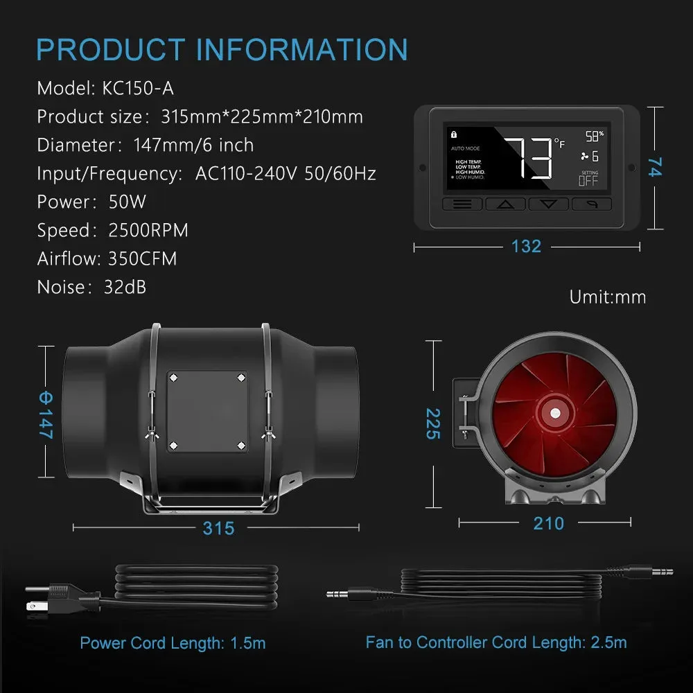 6 Inch Inline Fan With Digital Humidity   Temperature Control | Professional Series