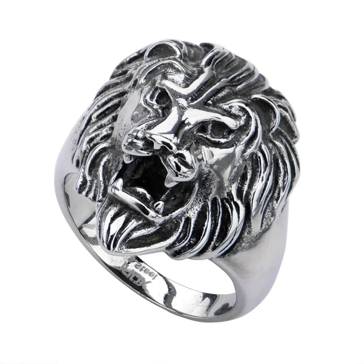 Antiqued Silver Tone Stainless Steel Roaring Lion Ring