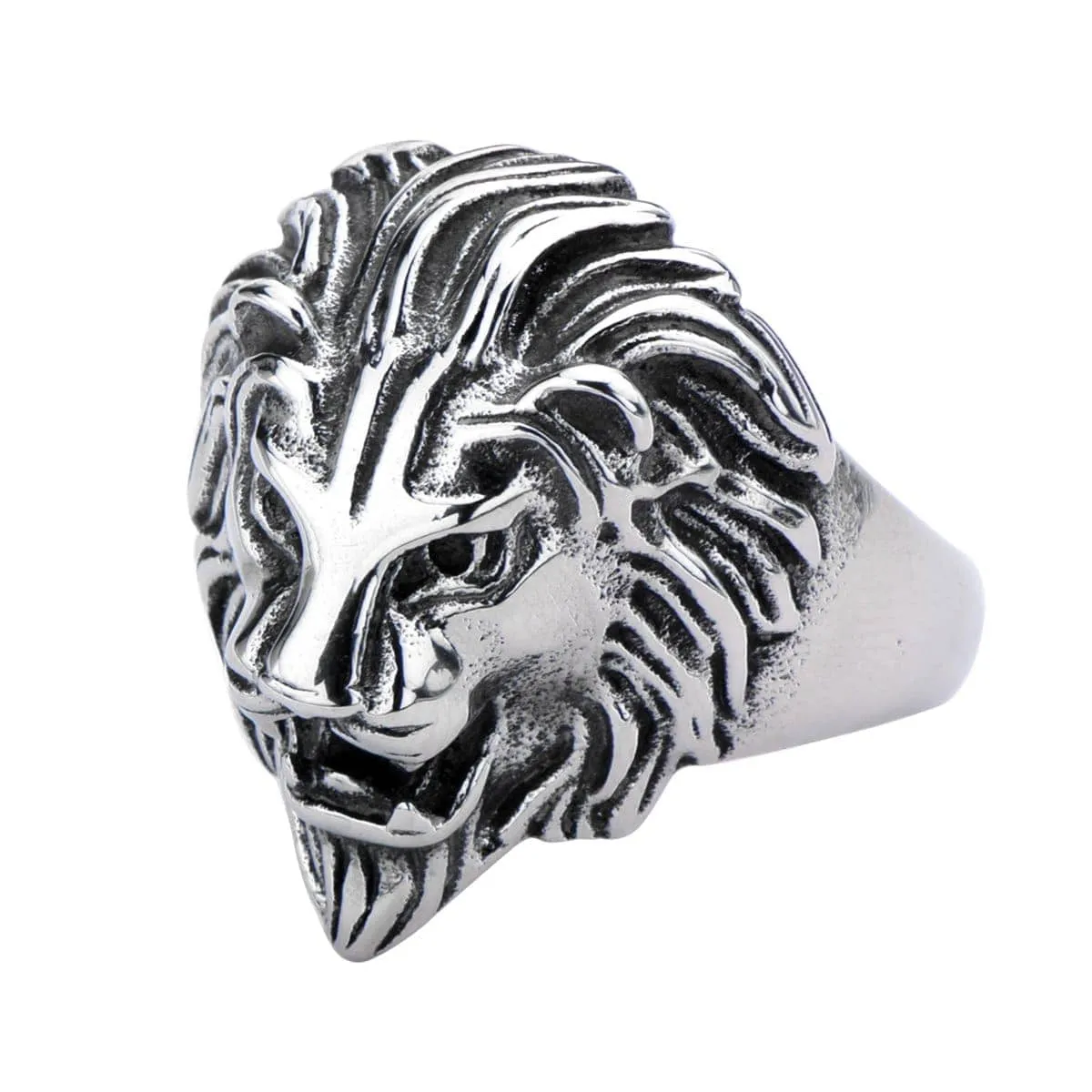 Antiqued Silver Tone Stainless Steel Roaring Lion Ring