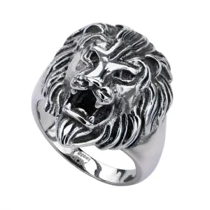 Antiqued Silver Tone Stainless Steel Roaring Lion Ring