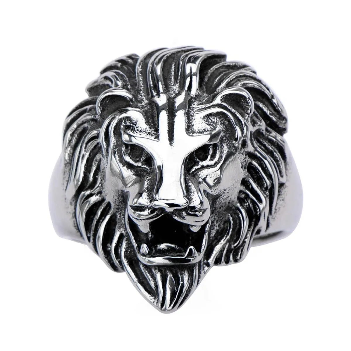 Antiqued Silver Tone Stainless Steel Roaring Lion Ring