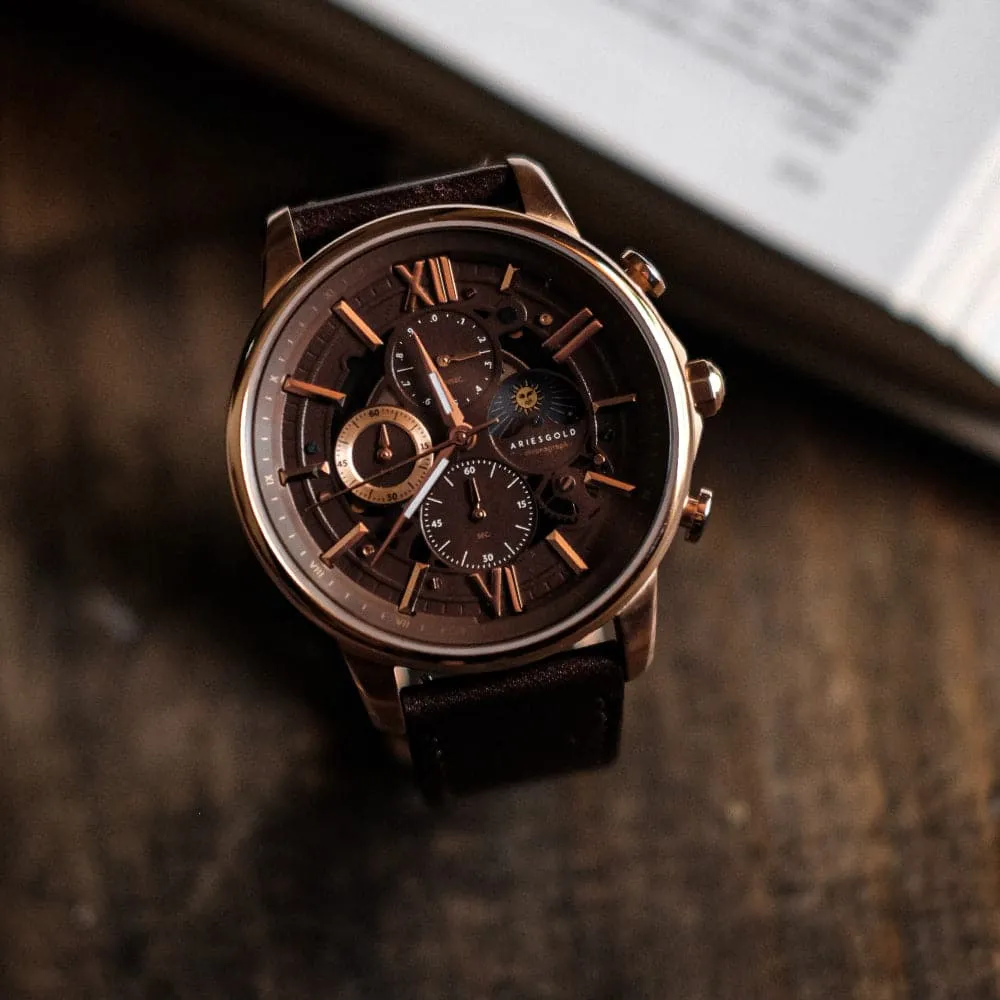 ARIES GOLD BELFAST MOON G 7013 RG-CF MEN'S LEATHER WATCH