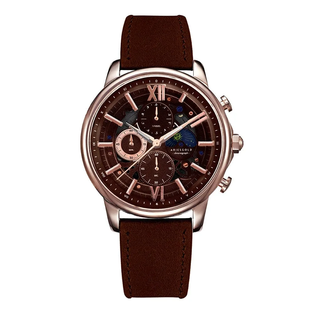 ARIES GOLD BELFAST MOON G 7013 RG-CF MEN'S LEATHER WATCH