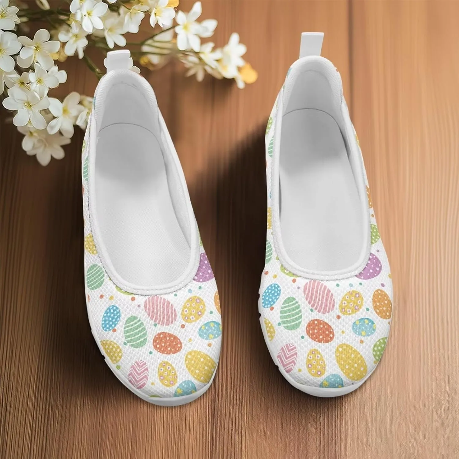 Ballet Style Flats for Ladies Big Girls Women's Slip on Shoes Mesh Walking Flat Shoes Comfort Lightweight Casual Sneakers for Travel Date & Party Gift for Wife Girlfiend White Sole Size 6-11