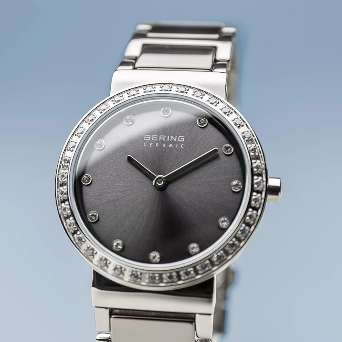Bering Ceramic Metallic Grey & Stainless Steel Ladies Watch with Swarovski Bezel