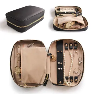 Black Large Jewelry Travel Case Organizer for Necklaces, Earrings, Bracelets - Removable Travel Pouch and Full-Grain Scratch-Proof Leather Black