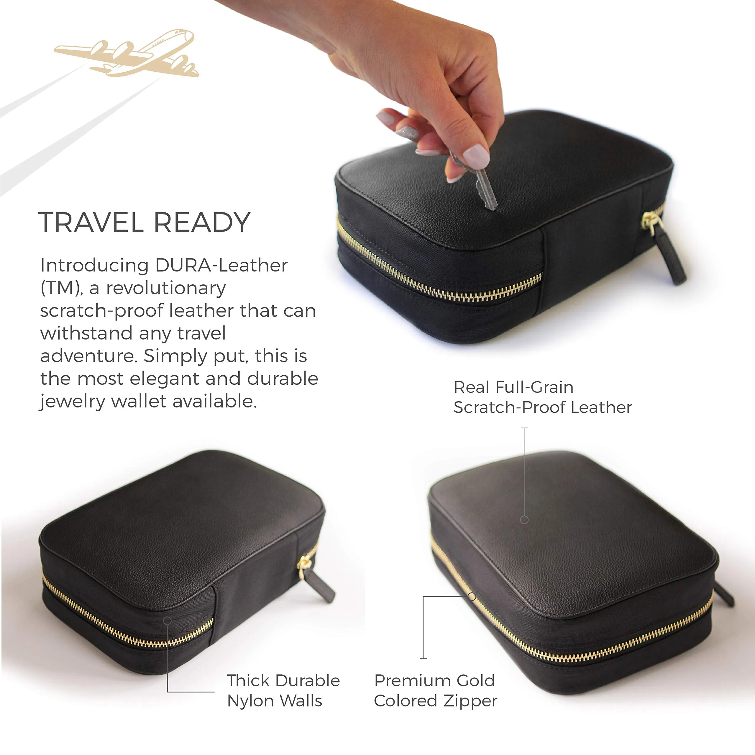 Black Large Jewelry Travel Case Organizer for Necklaces, Earrings, Bracelets - Removable Travel Pouch and Full-Grain Scratch-Proof Leather Black