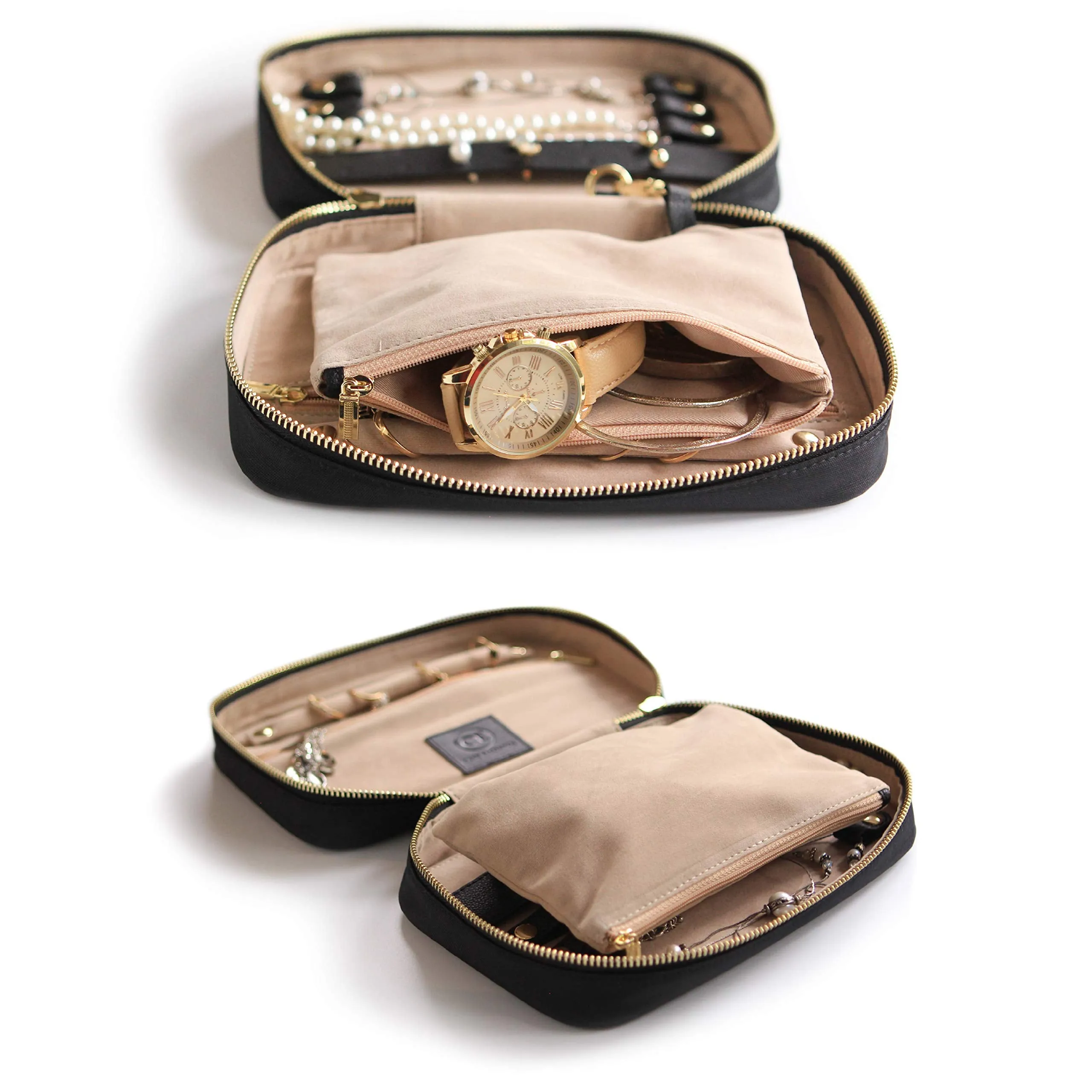 Black Large Jewelry Travel Case Organizer for Necklaces, Earrings, Bracelets - Removable Travel Pouch and Full-Grain Scratch-Proof Leather Black