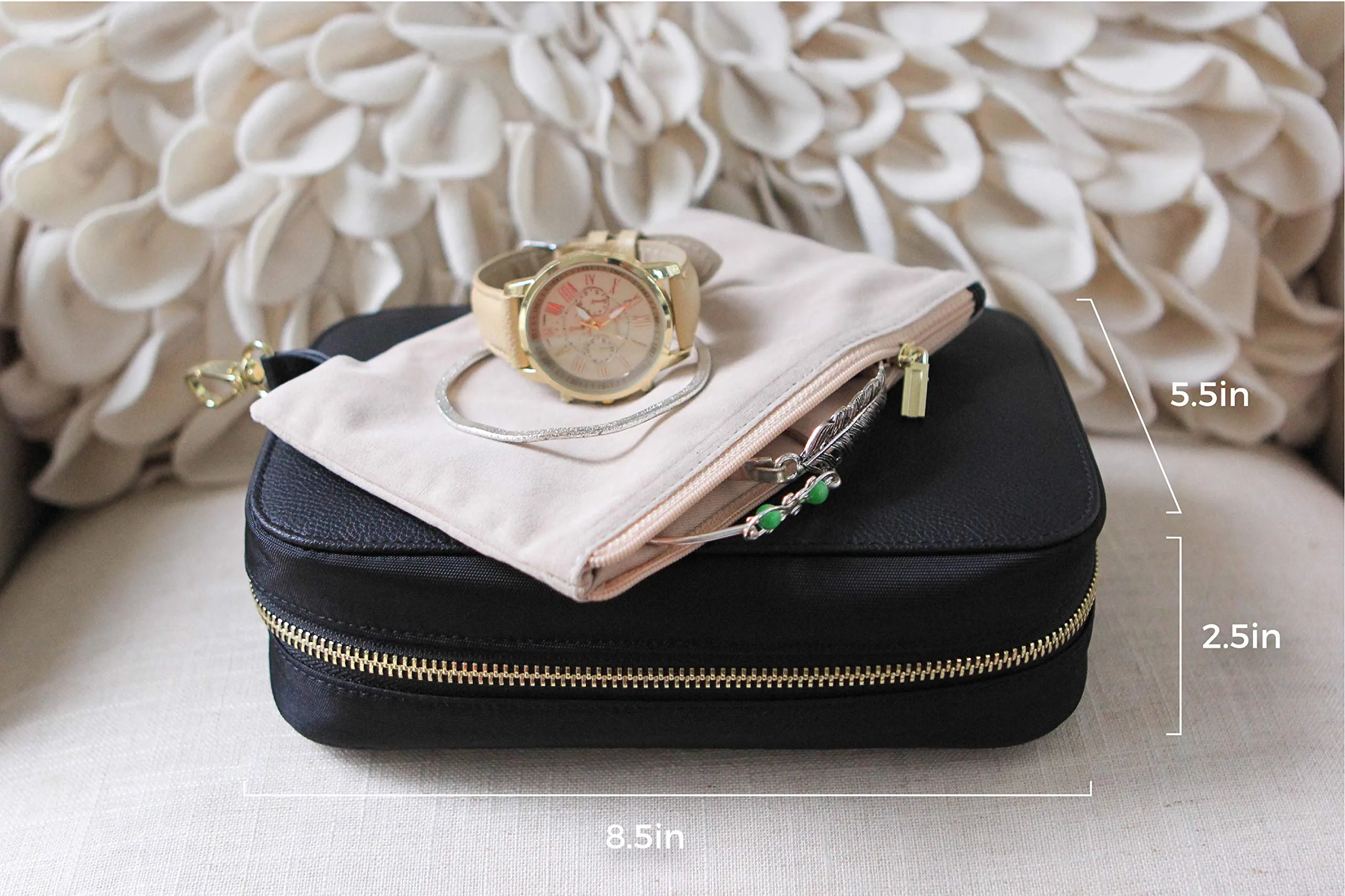 Black Large Jewelry Travel Case Organizer for Necklaces, Earrings, Bracelets - Removable Travel Pouch and Full-Grain Scratch-Proof Leather Black