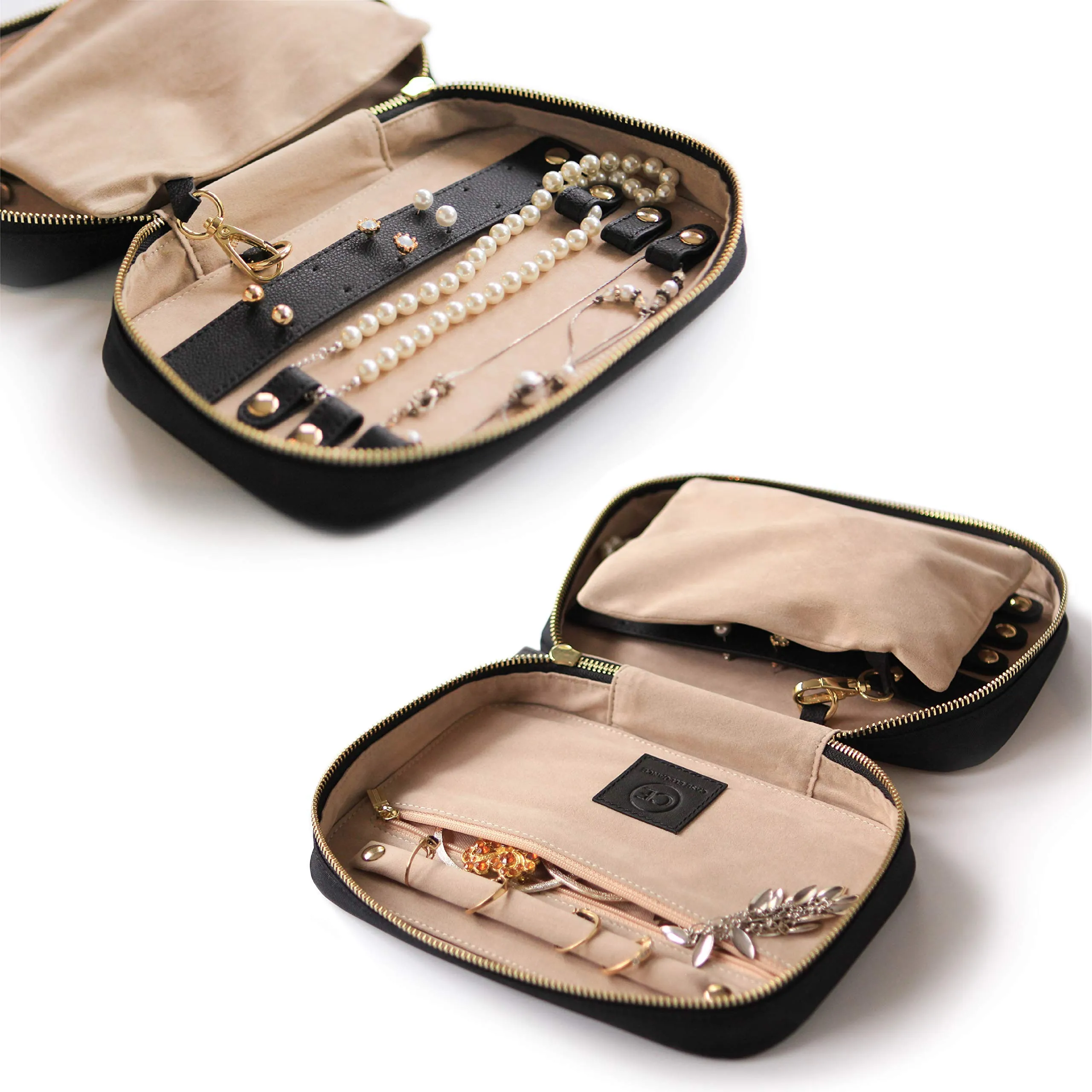 Black Large Jewelry Travel Case Organizer for Necklaces, Earrings, Bracelets - Removable Travel Pouch and Full-Grain Scratch-Proof Leather Black