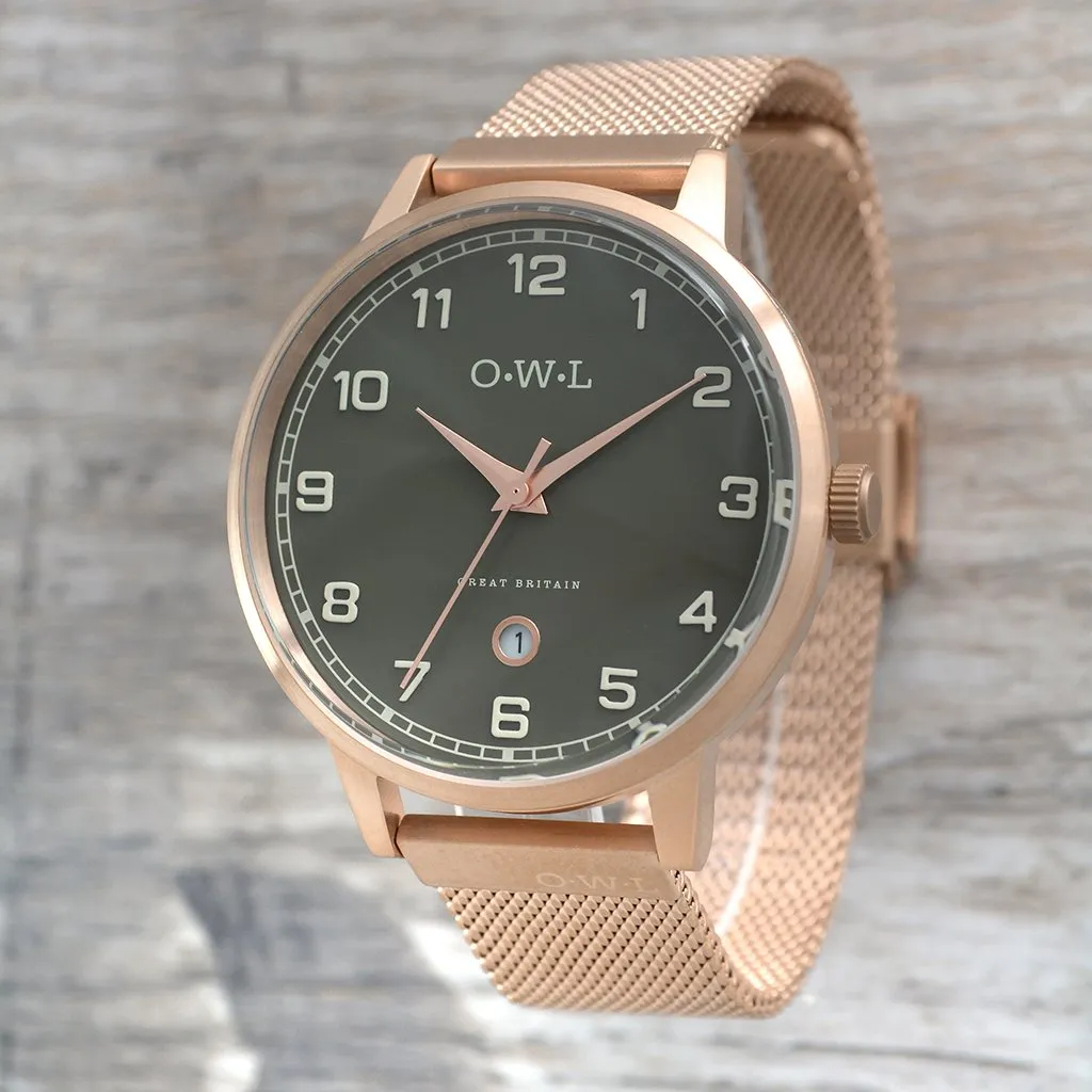 BRANCASTER WATCH WITH ROSE-GOLD CASE, STONE GREY DIAL & ROSE GOLD MESH ADJUSTABLE STRAP