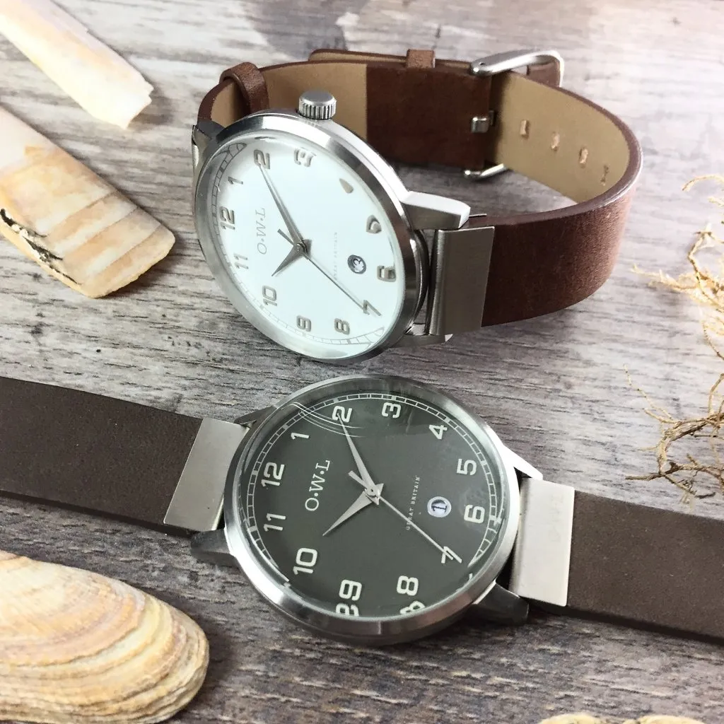 BRANCASTER WATCH WITH SILVER CASE, STONE GREY DIAL & DISTRESSED LEATHER STRAP