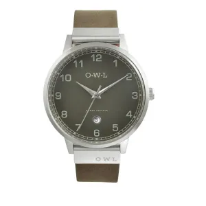 BRANCASTER WATCH WITH SILVER CASE, STONE GREY DIAL & DISTRESSED LEATHER STRAP