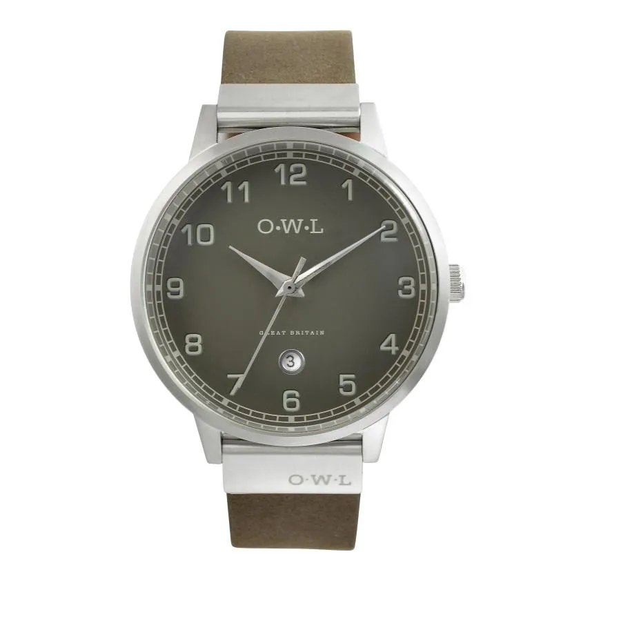 BRANCASTER WATCH WITH SILVER CASE, STONE GREY DIAL & DISTRESSED LEATHER STRAP