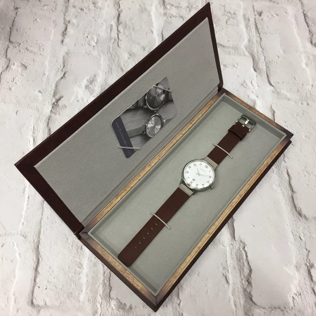 BRANCASTER WATCH WITH SILVER CASE, STONE GREY DIAL & DISTRESSED LEATHER STRAP