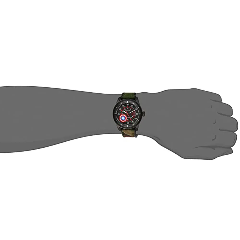 Citizen Mens Marvel Captain America Black Dial Multicolor Band Camouflage Nylon Watch - AW1367-05W