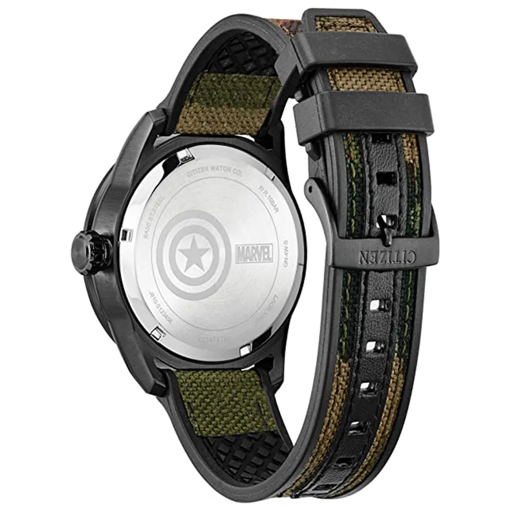 Citizen Mens Marvel Captain America Black Dial Multicolor Band Camouflage Nylon Watch - AW1367-05W
