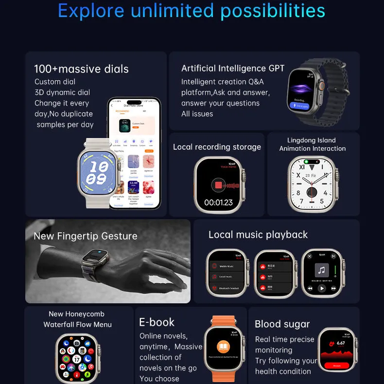 DaTeoy GS Ultra 2 Smart Watch, 2.13" AMOLED Display, OS 10, AOD, ChatGPT, GPS Track, IP68 Waterproof, Blood Pressure, Heart Rate, Sleep Monitor