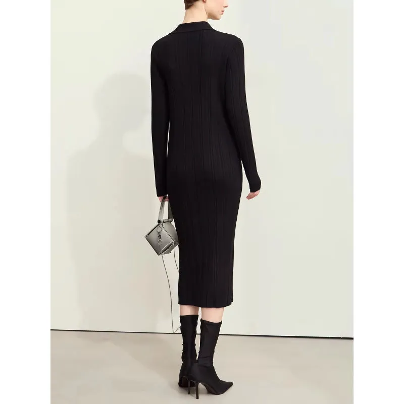 Elegant Retro Lapel Knitted Dress with Metal Buckle