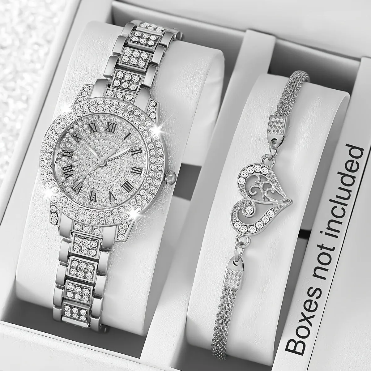 Elegant Womens Quartz Watch  Heart Bracelet Set