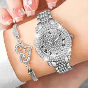 Elegant Womens Quartz Watch  Heart Bracelet Set