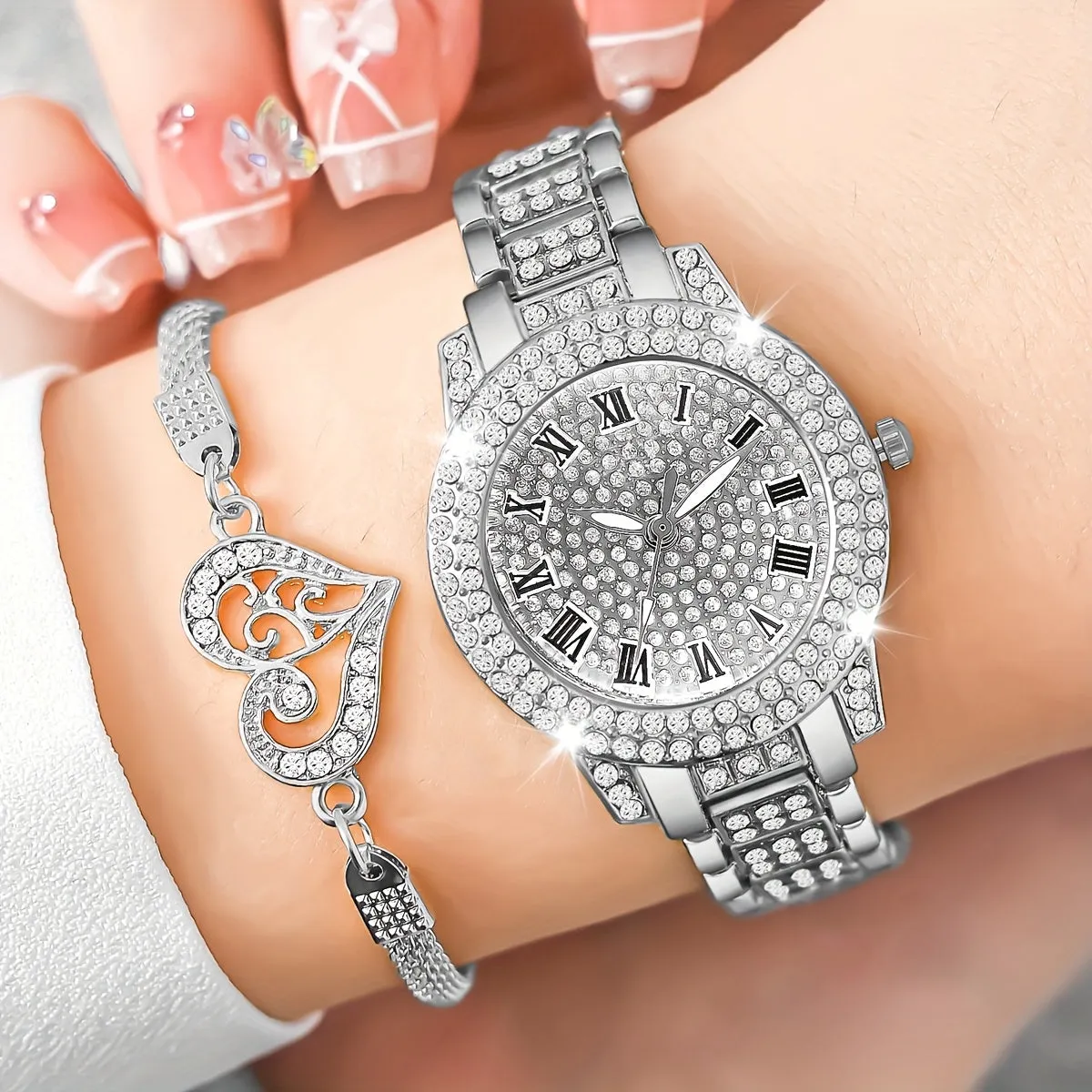 Elegant Womens Quartz Watch  Heart Bracelet Set