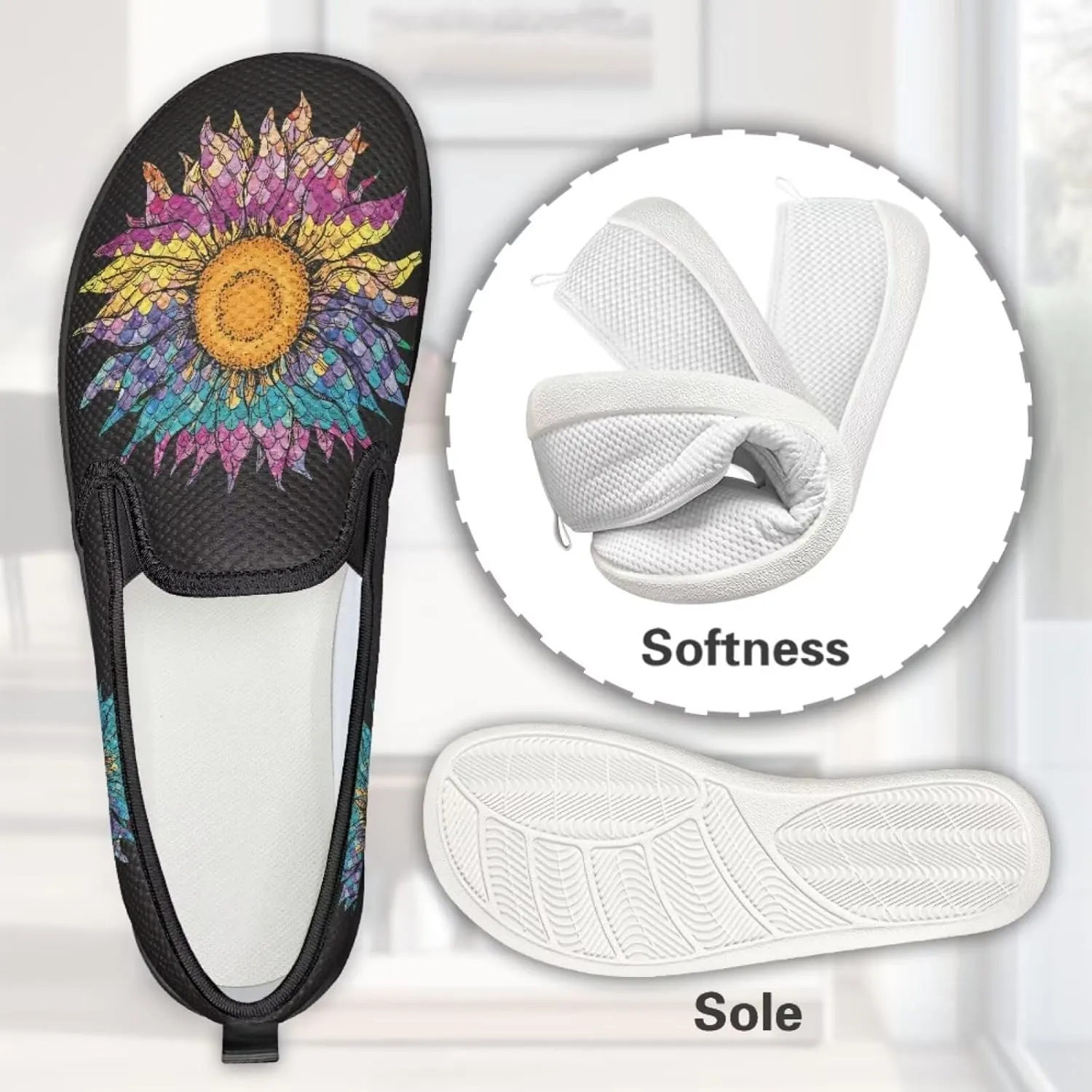 Flower Painted Walking Shoes for Women Fashion Casual Sneakers Slip On Hand Free Flats Comfy Stretch Mesh Breathable Size 5.5-10.5