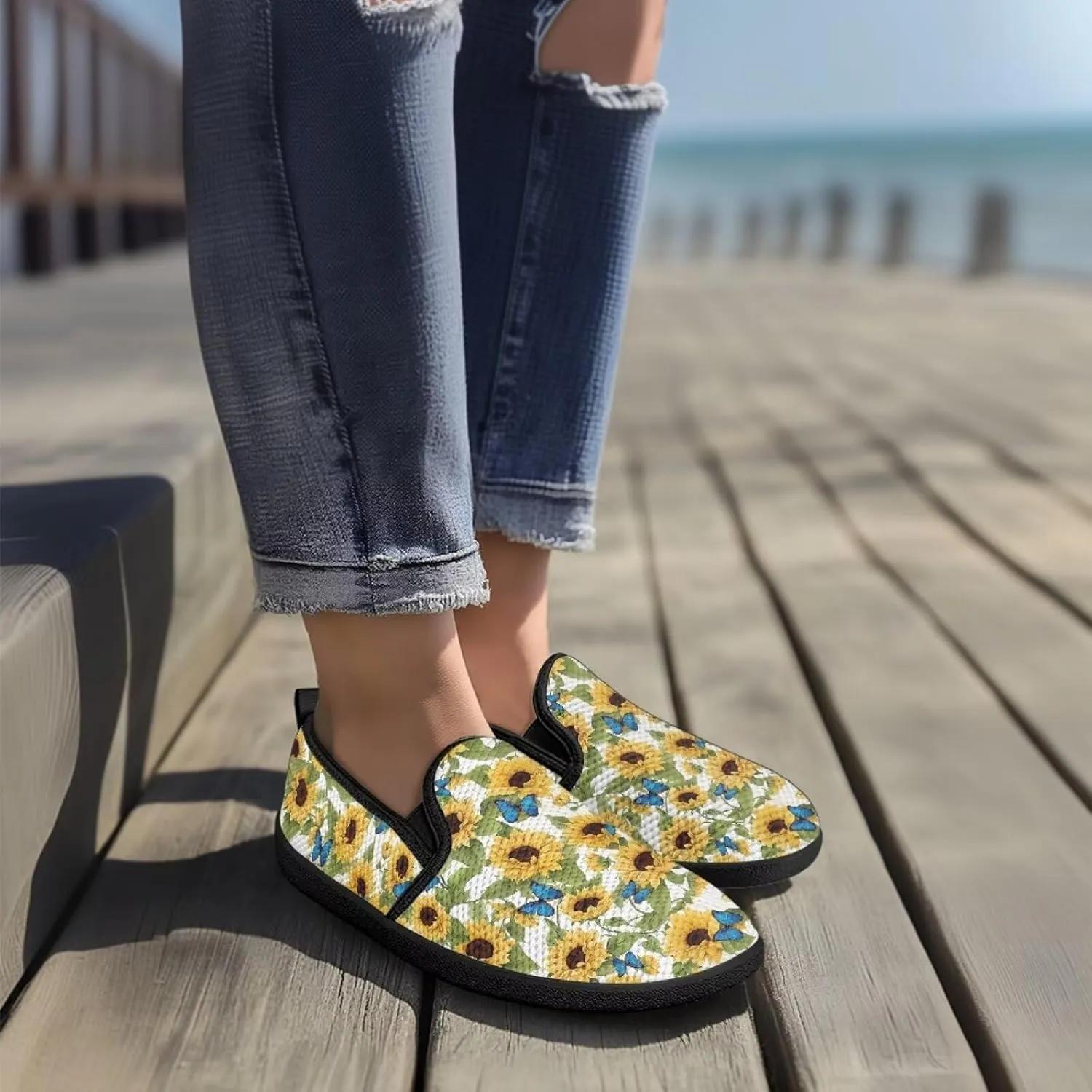 Flower Painted Walking Shoes for Women Fashion Casual Sneakers Slip On Hand Free Flats Comfy Stretch Mesh Breathable Size 5.5-10.5