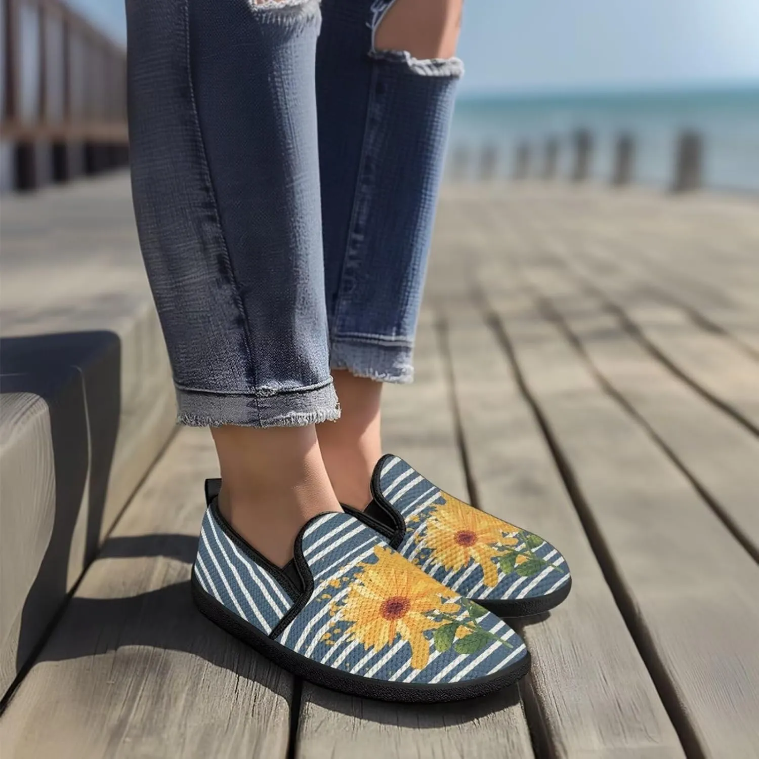 Flower Painted Walking Shoes for Women Fashion Casual Sneakers Slip On Hand Free Flats Comfy Stretch Mesh Breathable Size 5.5-10.5