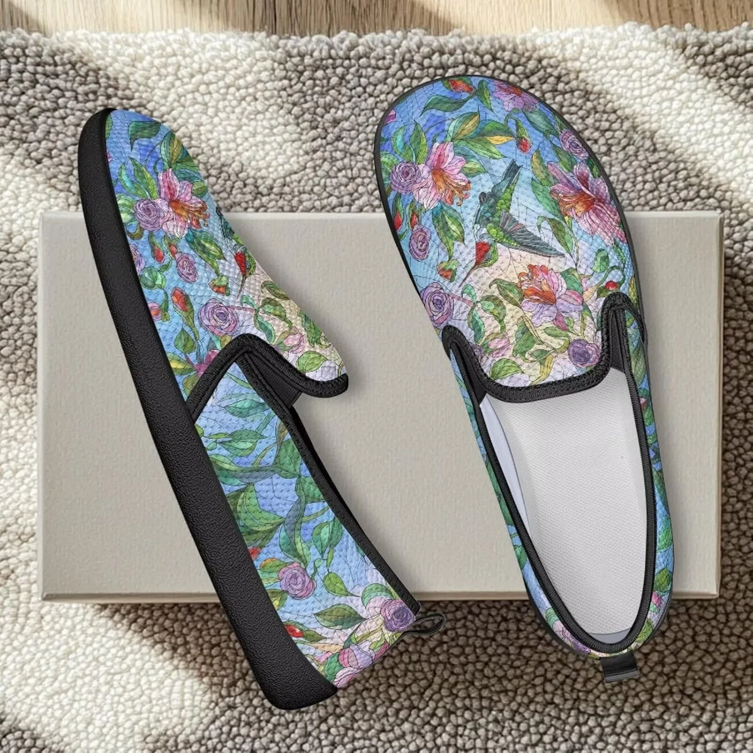 Flower Painted Walking Shoes for Women Fashion Casual Sneakers Slip On Hand Free Flats Comfy Stretch Mesh Breathable Size 5.5-10.5