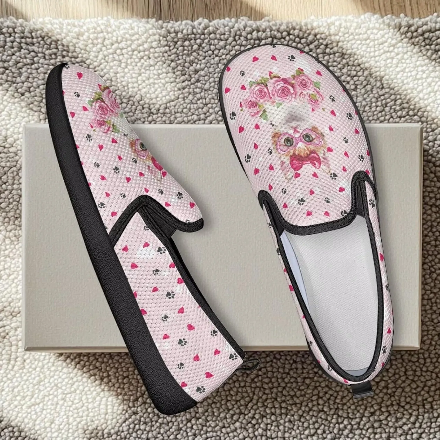 Flower Painted Walking Shoes for Women Fashion Casual Sneakers Slip On Hand Free Flats Comfy Stretch Mesh Breathable Size 5.5-10.5