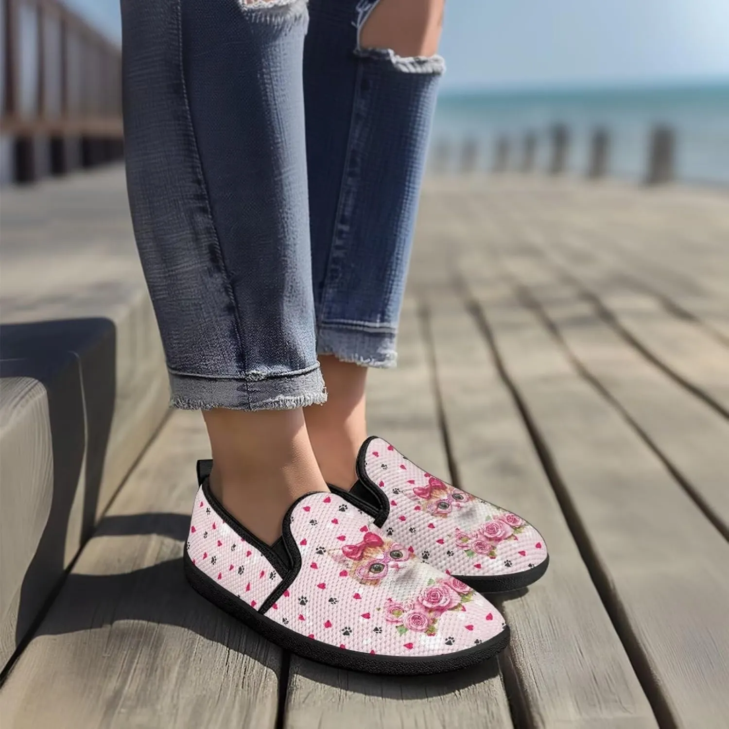 Flower Painted Walking Shoes for Women Fashion Casual Sneakers Slip On Hand Free Flats Comfy Stretch Mesh Breathable Size 5.5-10.5