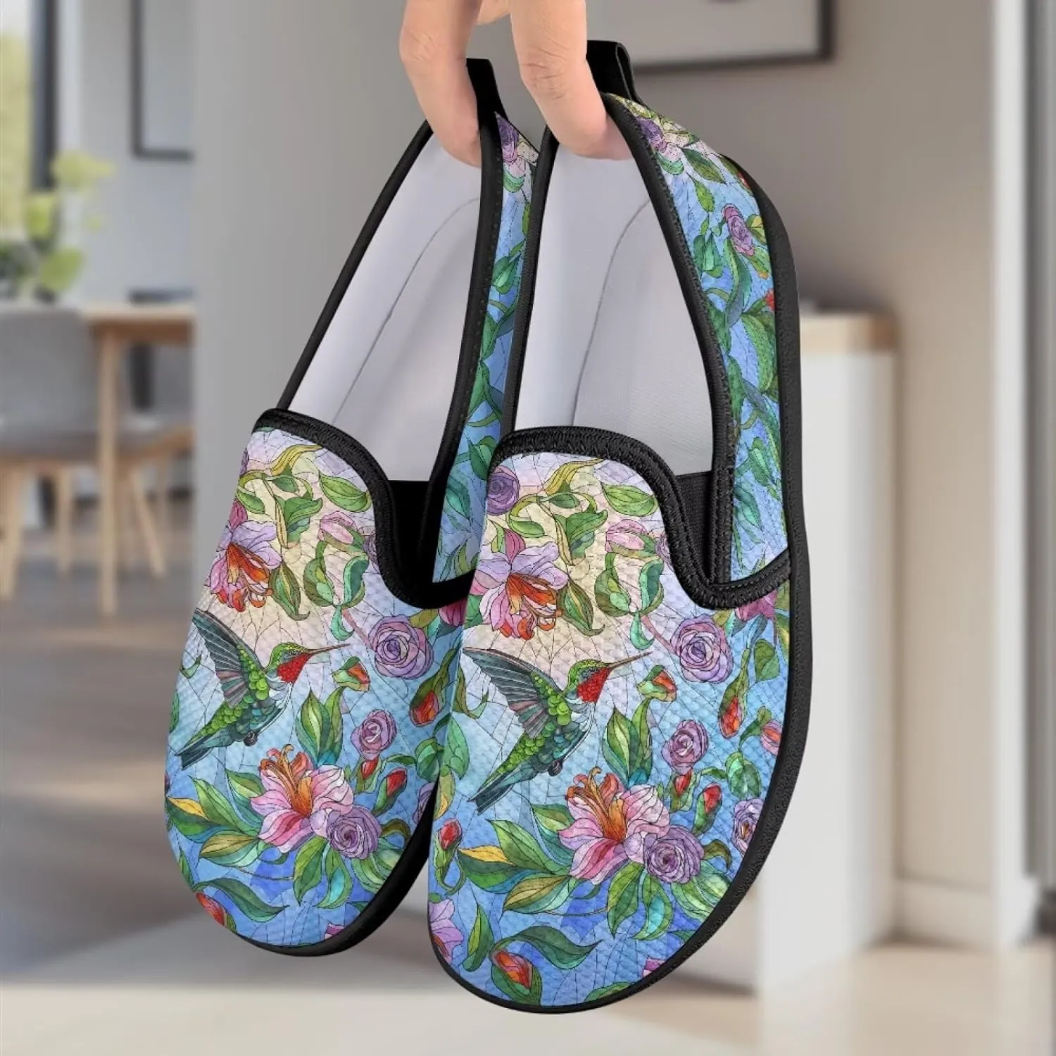 Flower Painted Walking Shoes for Women Fashion Casual Sneakers Slip On Hand Free Flats Comfy Stretch Mesh Breathable Size 5.5-10.5