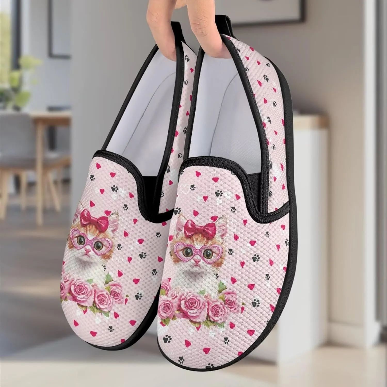 Flower Painted Walking Shoes for Women Fashion Casual Sneakers Slip On Hand Free Flats Comfy Stretch Mesh Breathable Size 5.5-10.5