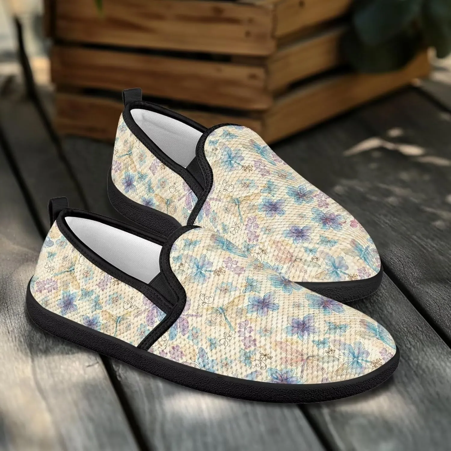 Flower Painted Walking Shoes for Women Fashion Casual Sneakers Slip On Hand Free Flats Comfy Stretch Mesh Breathable Size 5.5-10.5