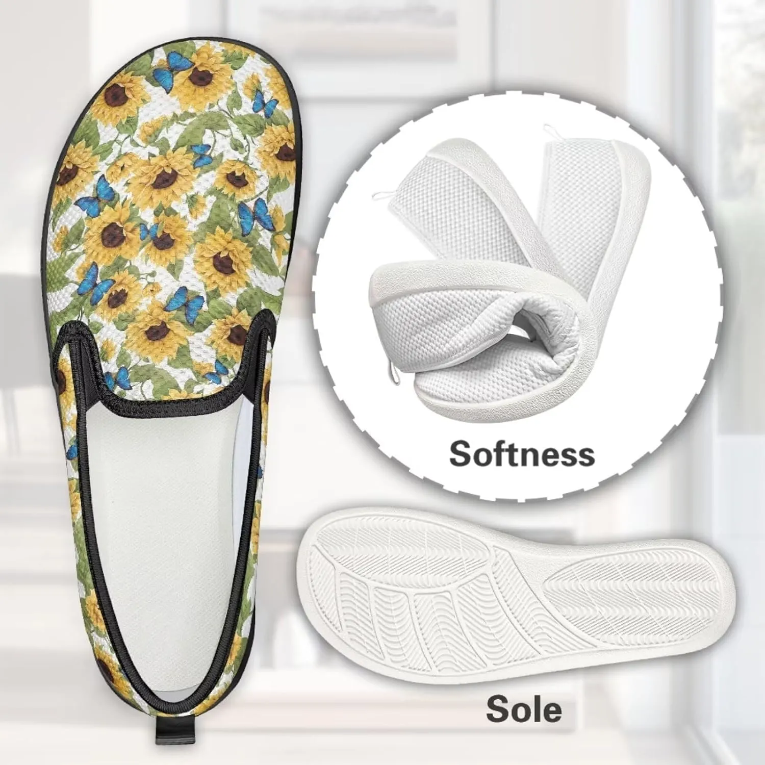 Flower Painted Walking Shoes for Women Fashion Casual Sneakers Slip On Hand Free Flats Comfy Stretch Mesh Breathable Size 5.5-10.5