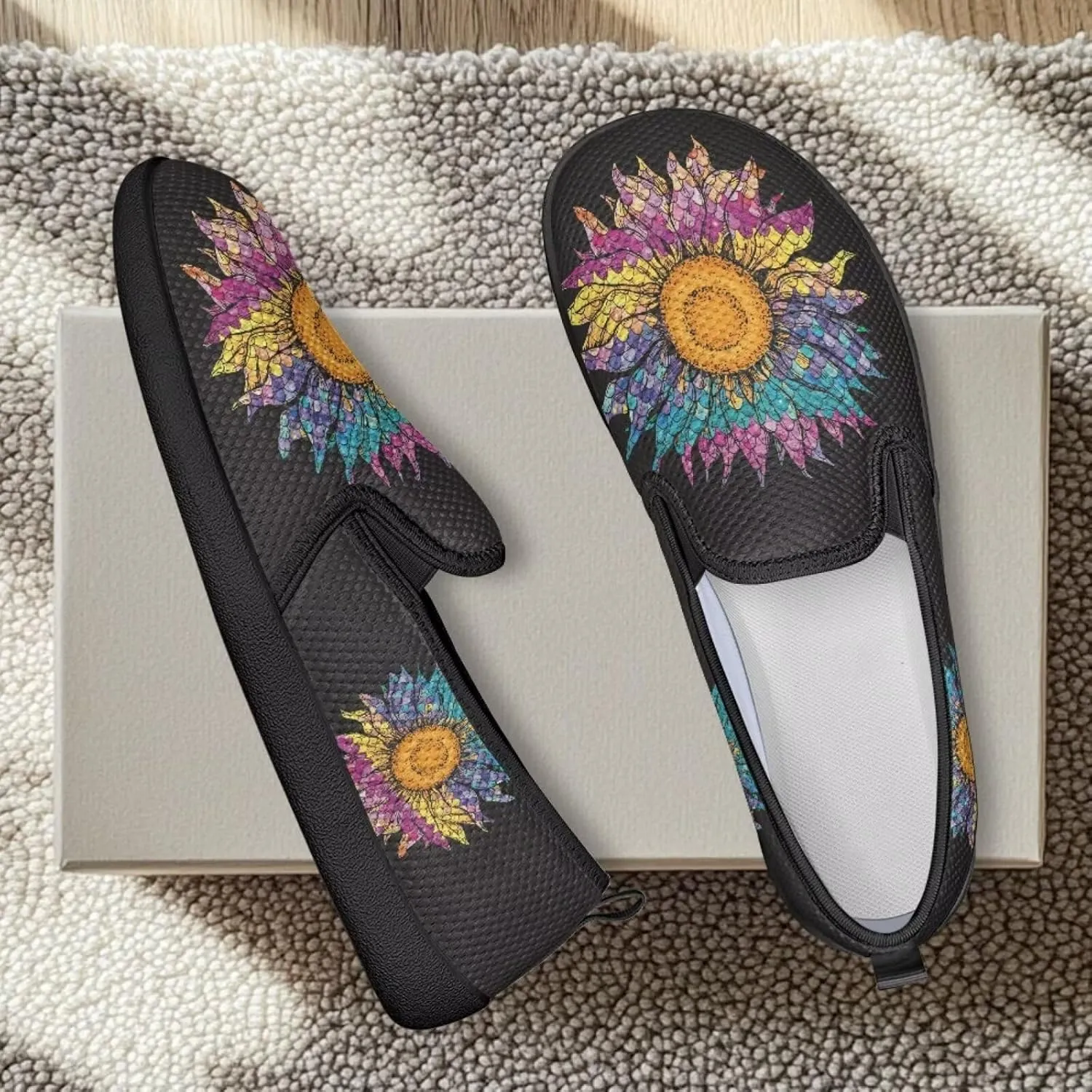 Flower Painted Walking Shoes for Women Fashion Casual Sneakers Slip On Hand Free Flats Comfy Stretch Mesh Breathable Size 5.5-10.5