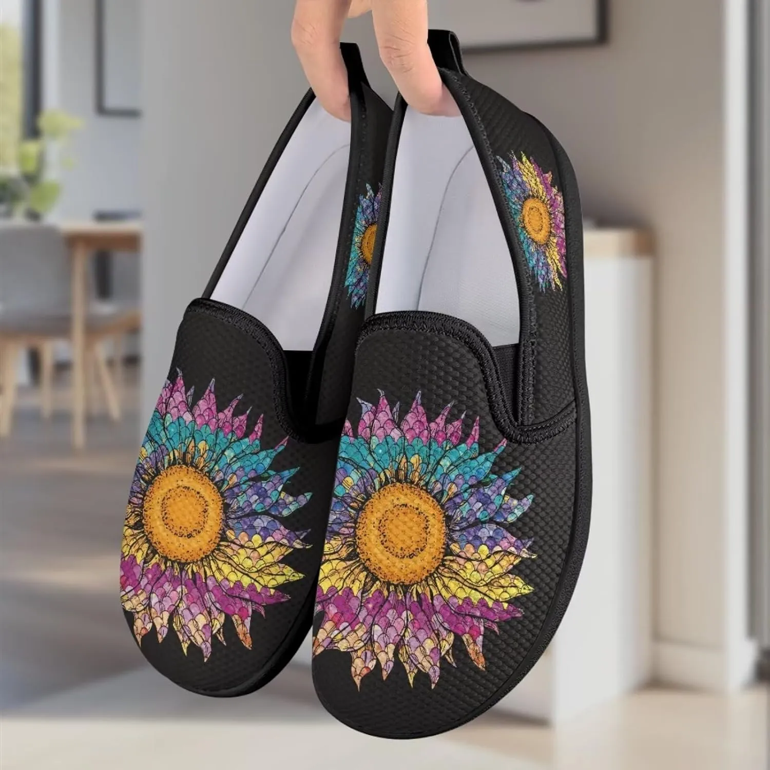 Flower Painted Walking Shoes for Women Fashion Casual Sneakers Slip On Hand Free Flats Comfy Stretch Mesh Breathable Size 5.5-10.5