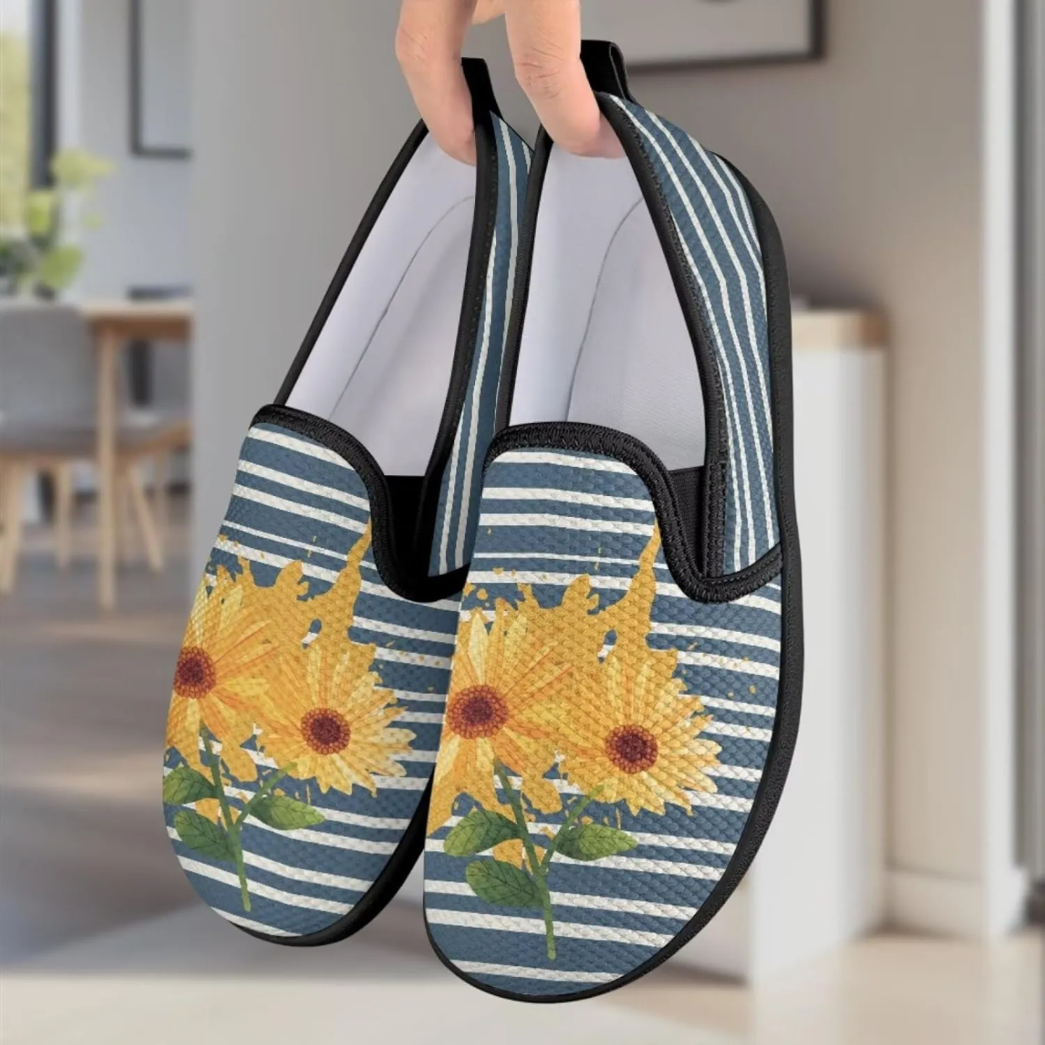 Flower Painted Walking Shoes for Women Fashion Casual Sneakers Slip On Hand Free Flats Comfy Stretch Mesh Breathable Size 5.5-10.5