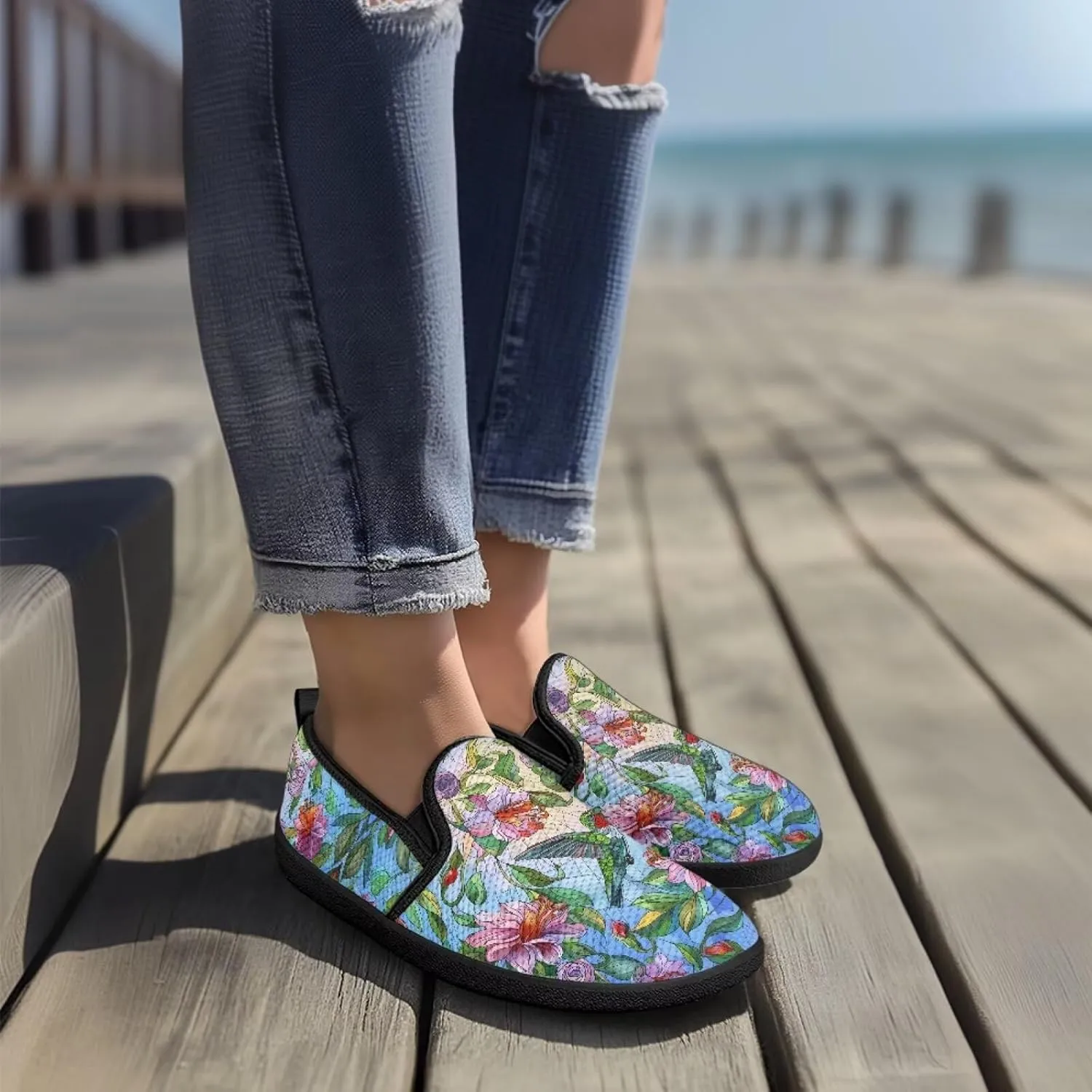Flower Painted Walking Shoes for Women Fashion Casual Sneakers Slip On Hand Free Flats Comfy Stretch Mesh Breathable Size 5.5-10.5